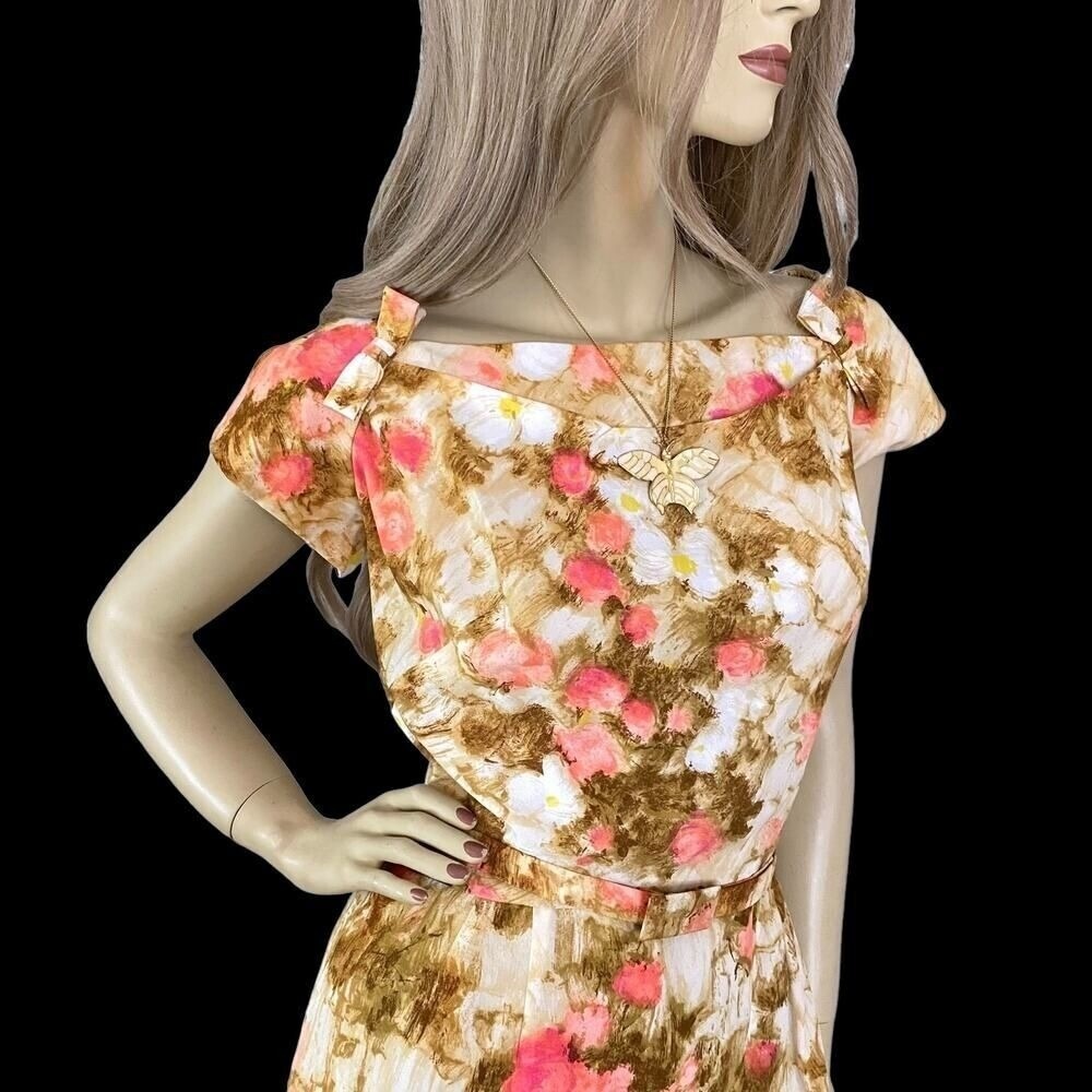 Vintage 50s Floral Silk Wiggle Dress Small | Hollywood Regency Mid Century Glam - Picture 3 of 9
